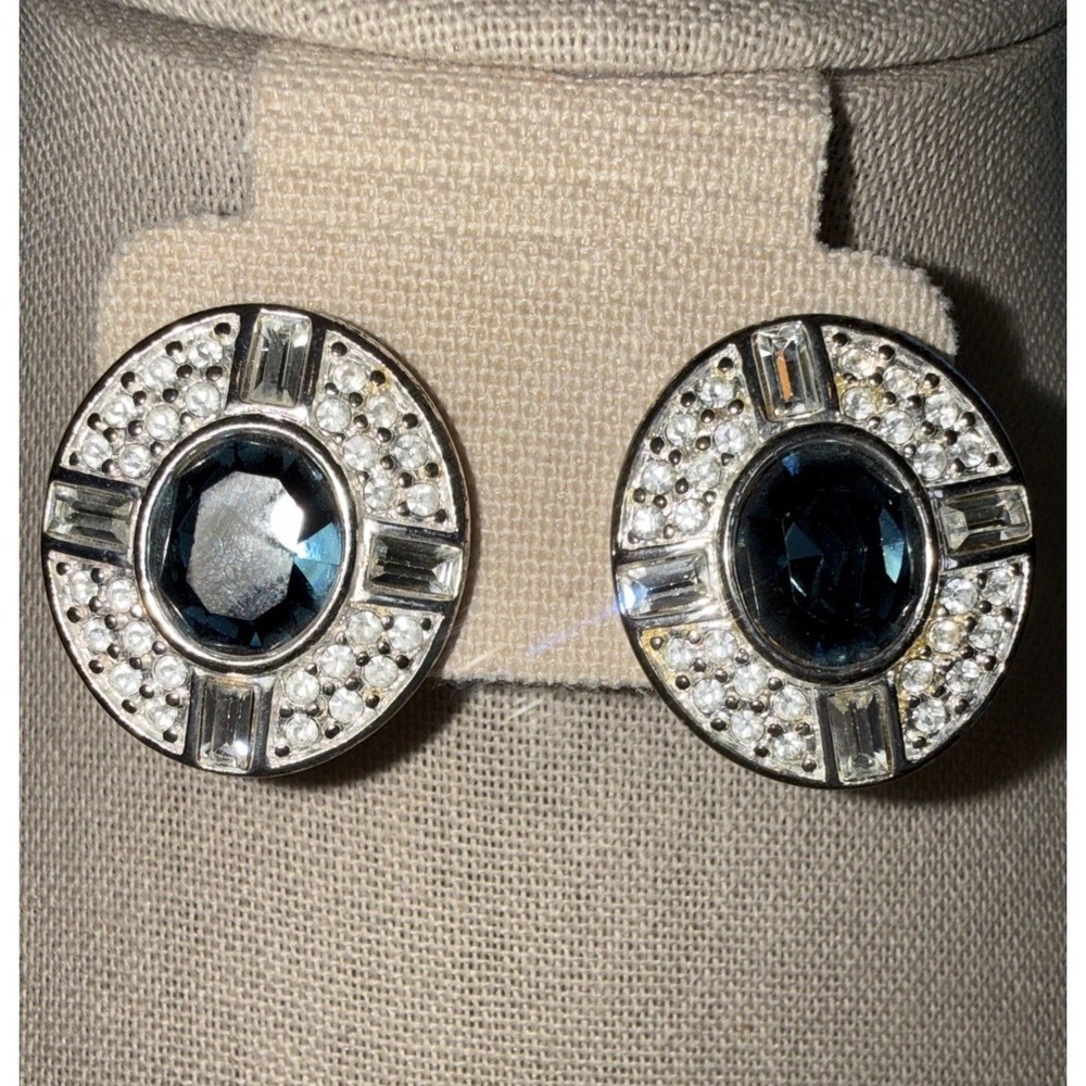 Vintage NAPIER Silver-tone Blue Green & Clear Glass  Rhinestone Pierced Earrings